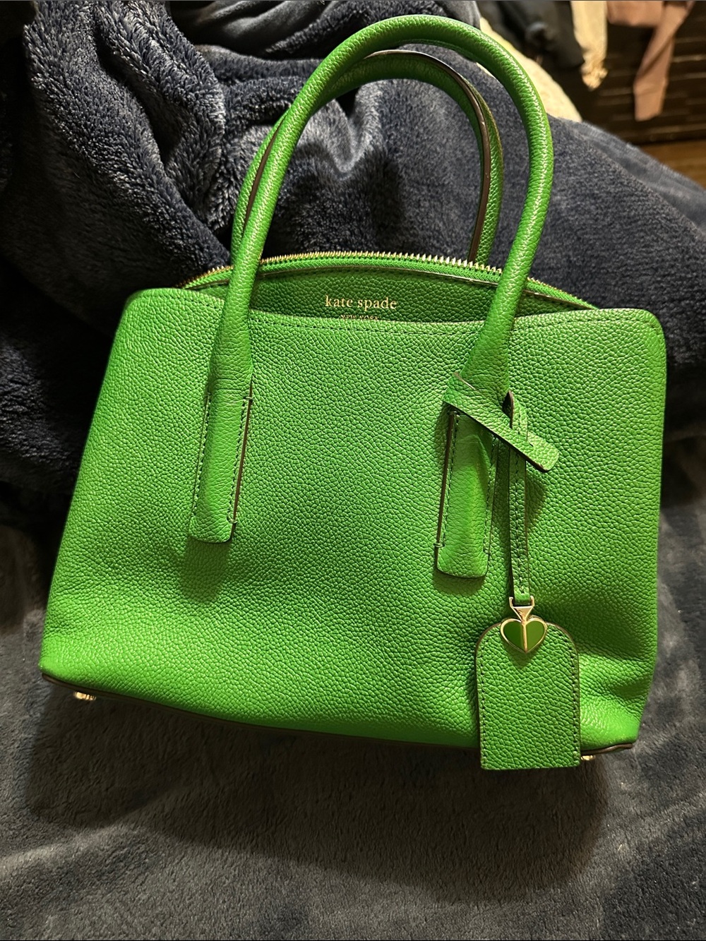 kate spade Vibrant Green Pebbled Leather Satchel with Heart Tag